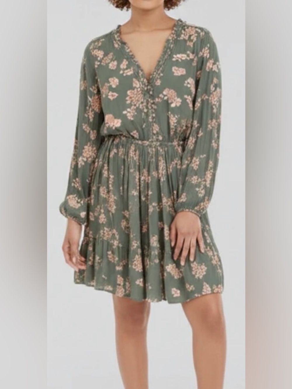 Hem & Thread Green Floral Midi Dress with Ruffled V-Neck - Size Small